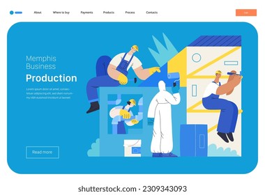 Memphis business illustration. Collaboration -modern flat vector concept illustration, team, people constructing a building together, painting, assembling, mounting. Corporate teamwork metaphor.