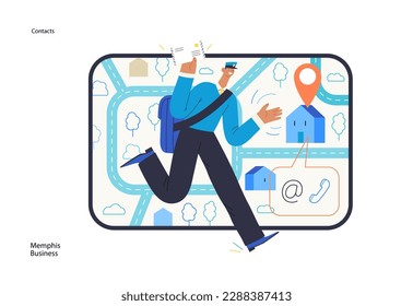 Memphis business illustration. Contacts -modern flat vector concept illustration of a postman running with a letter, tablet screen, map, location bubble, email, phone Commerce business sales metaphor.