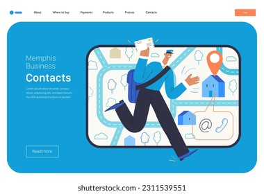Memphis business illustration. Contacts -modern flat vector concept illustration of a postman running with a letter, tablet screen, map, location bubble, email, phone Commerce business sales metaphor.