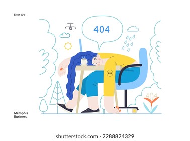 Memphis business illustration. Error 404 -modern flat vector concept illustration of page Error 404 - hopeless woman at the desk. Page not found metaphor. Corporate business sales concept