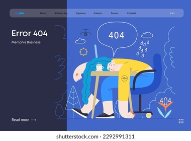 Memphis business illustration. Error 404 -modern flat vector concept illustration of page Error 404 - hopeless woman at the desk. Page not found metaphor. Corporate business sales concept