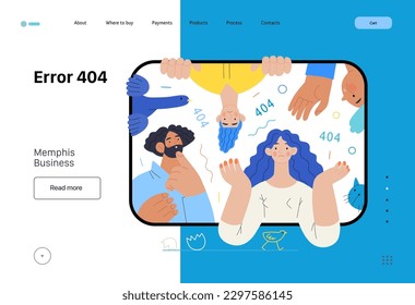 Memphis business illustration. Error 404 -modern flat vector concept illustration of page Error 404 - puzzled people on the tablet screen. Page not found metaphor. Corporate business sales concept