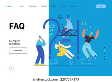 Memphis business illustration. FAQ -modern flat vector concept illustration of people with interrogation markand exclamation point. Frequently asked questions metaphor Corporate business sales concept