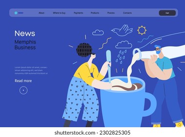 Memphis business illustration. News -modern flat vector concept illustration of people preparing coffee with milk. Corporate business morning news metaphor.