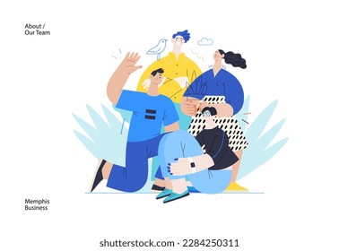 Memphis business illustration - our team, header. Flat style modern outlined vector concept illustration. Group of people, creaw, standing together. Corporate teamwork business metaphor. svg