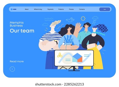 Memphis business illustration - our team, header. Flat style modern outlined vector concept illustration. Group of people, creaw, standing together. Corporate teamwork business metaphor.