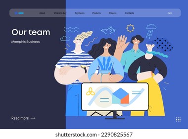 Memphis business illustration - our team, header. Flat style modern outlined vector concept illustration. Group of people, creaw, standing together. Corporate teamwork business metaphor.