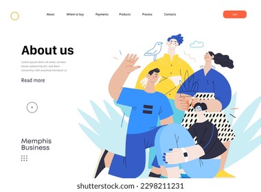 Memphis business illustration - our team, header. Flat style modern outlined vector concept illustration. Group of people, creaw, standing together. Corporate teamwork business metaphor.