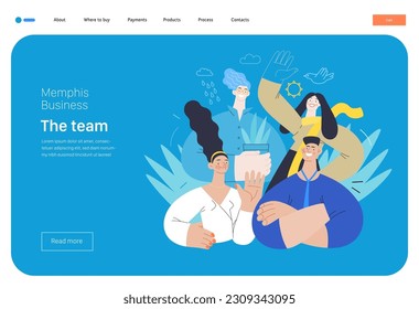 Memphis business illustration - our team, header. Flat style modern outlined vector concept illustration. Group of people, creaw, standing together. Corporate teamwork business metaphor.