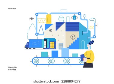 Memphis business illustration. Production -modern flat vector concept illustration of a big factory, warehouse, loading the track, a woman inventorying production. Corporate process metaphor.