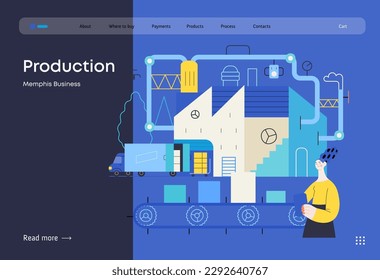 Memphis business illustration. Production -modern flat vector concept illustration of a big factory, warehouse, loading the track, a woman inventorying production. Corporate process metaphor.