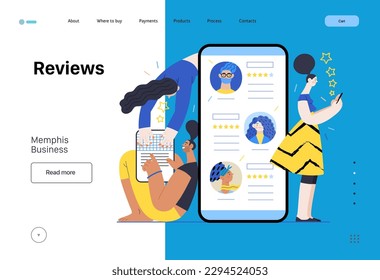 Memphis business illustration. Reviews -modern flat vector concept illustration of people rating articles and writing reviews. Corporate business reputation metaphor.