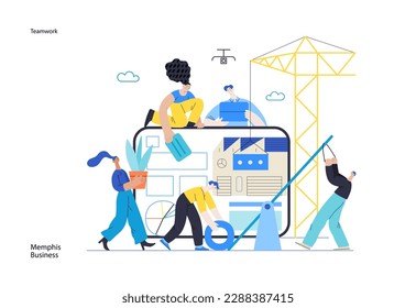 Memphis business illustration. Teamwork -modern flat vector concept illustration of people working together, building a company website, collaboration concept. Commerce business sales metaphor. svg