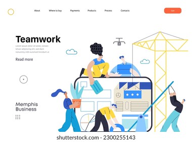 Memphis business illustration. Teamwork -modern flat vector concept illustration of people working together, building a company website, collaboration concept. Commerce business sales metaphor.