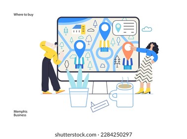 Memphis business illustration. Where to buy -modern flat vector concept illustration of people looking for shopping points on a map. Commerce business sales metaphor.