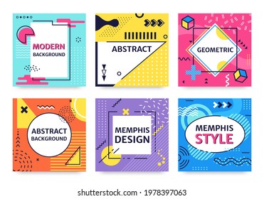 Memphis card. Funky abstract poster with geometric shapes, textures, graphic elements. Retro 90s pop art style background vector set. Dots and lines, triangles and circles decoration