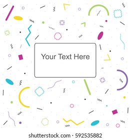 Memphis Card with geometric elements. It can be used to cover the design, banners, posters, holiday decoration. Retro style. Write your own text. Colourful abstract illustration.
