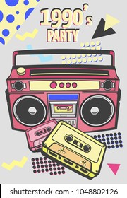 Memphis card with geometric elements and retro illustrations. vector banner in trendy 80s-90s memphis style. cover design, advertising, poster and greeting card. graphic tee and printed tee