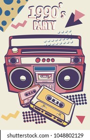 Memphis card with geometric elements and retro illustrations. vector banner in trendy 80s-90s memphis style. cover design, advertising, poster and greeting card. graphic tee and printed tee