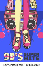 Memphis card with geometric elements and retro illustrations. vector banner in trendy 80s-90s memphis style. cover design, advertising, poster and greeting card. graphic tee and printed tee