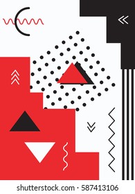 Memphis Card with geometric elements. Retro style. Fashion 90s 80s. Printed matter, paper, fabric. Beautiful book design, poster, cover, advertising. Modern flat illustration. Bright background.