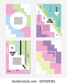 Memphis Card with geometric elements. Set of vector banners in retro style. Fashion 90s 80s. Printed matter, paper, fabric. Beautiful book design, poster, cover, advertising.