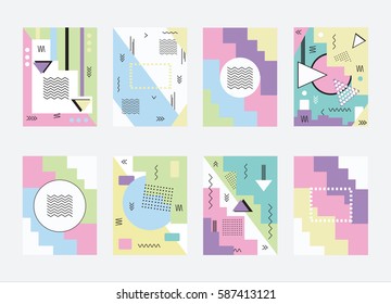 Memphis Card with geometric elements. Set of vector banners in retro style. Fashion 90s 80s. Printed matter, paper, fabric. Beautiful book design, poster, cover, advertising. Modern flat illustrations