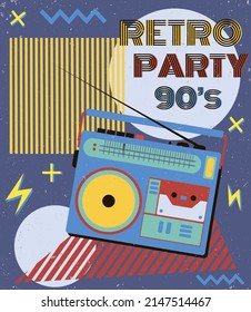 Memphis-Karte mit geometrischen Elementen und Bandrekorder, Retro-Illustration. 90er-80er Jahre Stil. Vektorgrafik. Poster für Retro-Party