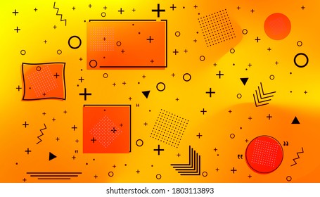 Memphis card with geometric shapes on Juicy Orange Waved Gradient Background . Luxury fashioon design - 80-90s.