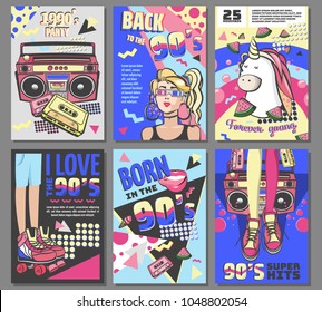 Memphis cards with geometric elements and retro illustrations. Set of vector banners in trendy 80s-90s memphis style. cover design, advertising, poster and greeting card. graphic tee and printed tee