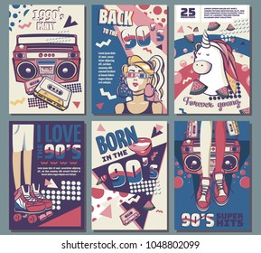 Memphis cards with geometric elements and retro illustrations. Set of vector banners in trendy 80s-90s memphis style. cover design, advertising, poster and greeting card. graphic tee and printed tee