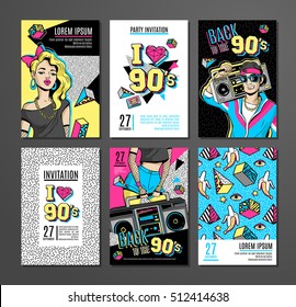 Memphis cards with geometric elements and retro illustrations. Set of vector banners in trendy 80s-90s memphis style. Can be used in cover design, book design, advertising, poster and greeting card.