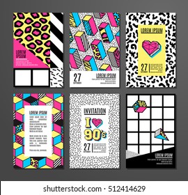 Memphis cards with geometric elements. Set of vector banners in trendy 80s - 90s memphis style. Can be used in cover design, book design, advertising, posters and greeting cards.