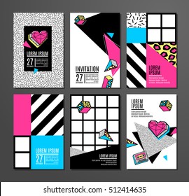 Memphis cards with geometric elements. Set of vector banners in trendy 80s-90s memphis style. Can be used in cover design, book design, advertising, poster and greeting card.