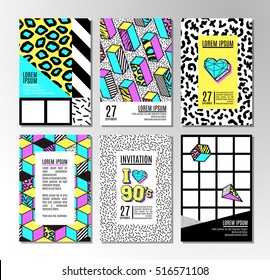 Memphis cards with geometric elements. Set of vector banners in trendy 80s - 90s memphis style. Can be used in cover design, book design, advertising, posters and greeting cards.