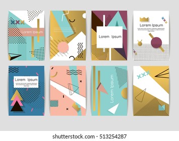 Memphis cards pattern of geometric shapes invitation and postcards. Hipster poster juicy template color invitation card. Abstract geometric graphic style 80s creative universal memphis card vector.