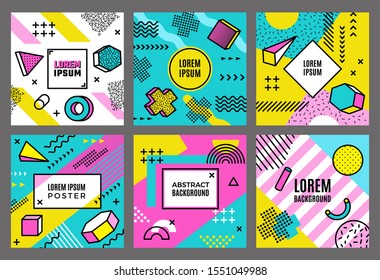 Memphis cards template. Abstract fashion 90s geometrical forms background line dots circles triangles shapes vector minimalistic