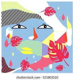 Memphis cards with women face and floral elements retro illustration style. Vector template for poster and publication. Fabric pattern for print materials and wallpaper background.