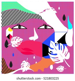 Memphis cards with women face and floral elements retro illustration style. Vector template for poster and publication. Fabric pattern for print materials and wallpaper background.