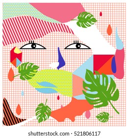 Memphis cards with women face and floral elements retro illustration style. Vector template for poster and publication. Fabric pattern for print materials and wallpaper background.