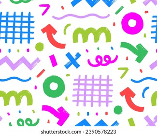 Memphis childish bright colored seamless pattern. Geometric grunge bold lines with texture, arrows, squiggles, grids and stars. Hand drawn abstract scribble wallpaper print. Childish cute drawing.