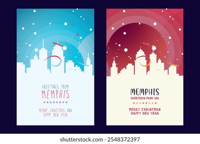 Memphis Christmas poster with skyline, cityscape. Winter USA Tennessee state holiday, New Year vector brochure, website, flyer, leaflet, card layout