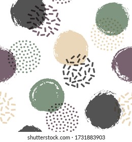 Memphis circles seamless fabric print pattern. Hand drawn and halftone round shapes vector background. Grunge polka dot seamless ornament, minimal circles wallpaper. Memphis style print design.