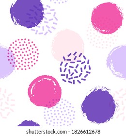 Memphis circles seamless fabric print pattern. Hand drawn round shapes geometric vector background. Grunge polka dot seamless ornament, trendy circles wallpaper. Flat graphic design.