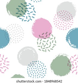 Memphis circles seamless fabric print pattern. Painted round shapes geometric vector background. Grunge polka dot seamless ornament, hipster circles wallpaper. Abstract bubbles.