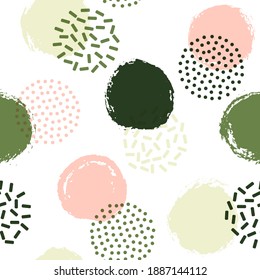 Memphis circles seamless fabric print pattern. Painted round shapes geometric vector background. Grunge polka dot seamless ornament, simple circles wallpaper. Fashion design.