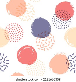 Memphis circles seamless fabric print pattern. Hand drawn and halftone round shapes vector background. Grunge polka dot seamless ornament, funky circles wallpaper. Flat graphic design.