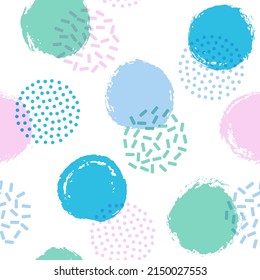 Memphis circles seamless fabric print pattern. Hand drawn round shapes geometric vector background. Grunge polka dot seamless ornament, colorful circles wallpaper. Memphis points bubbles print.