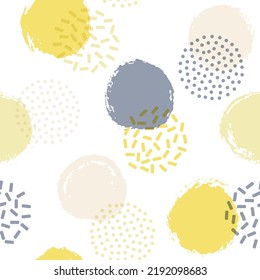 Memphis circles seamless fabric print pattern. Hand drawn and halftone round shapes vector background. Grunge polka dot seamless ornament, trendy circles wallpaper. Memphis graphic design.