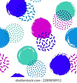 Memphis circles seamless fabric print pattern. Hand drawn and halftone round shapes vector background. Grunge polka dot seamless ornament, creative circles wallpaper. 90s style design.